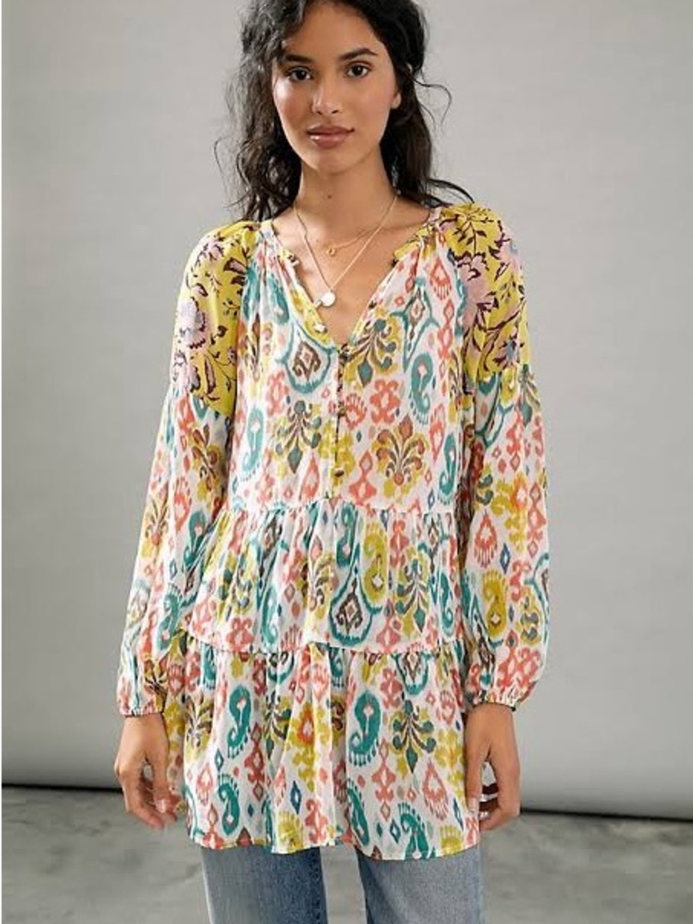 Anthropologie Multicolor Ikat Print Tiered Peasant Blouse